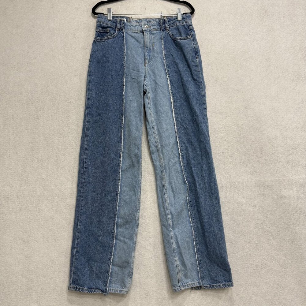 Zara Jeans Womens 4 Blue Two Tone Patchwork High Rise Wide Leg Denim Distressed